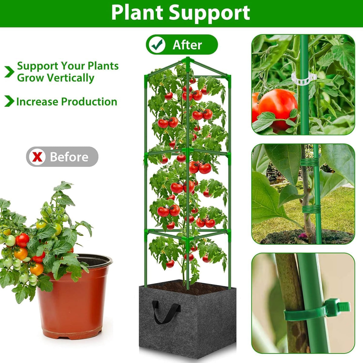 Complete kit includes grow bags, poles, connectors, clips, gloves, and manual.