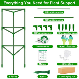 Tetutor triangle tomato cage assembly demonstrates scalable height for growing vines.