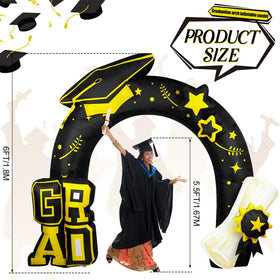 Teyva Daily black and gold arch inflatable ideal for outdoor graduation ceremonies.