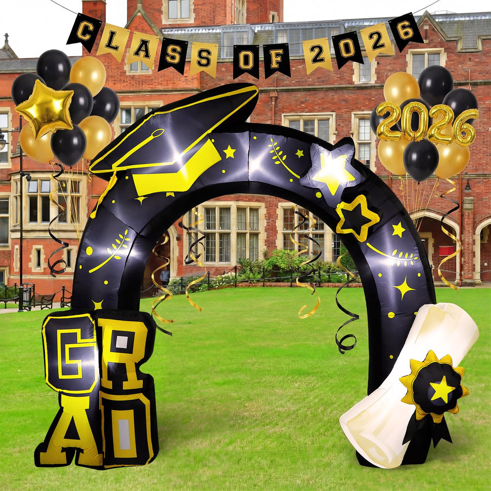 Teyva Daily graduation arch with LED cap lighting for vibrant evening celebrations.