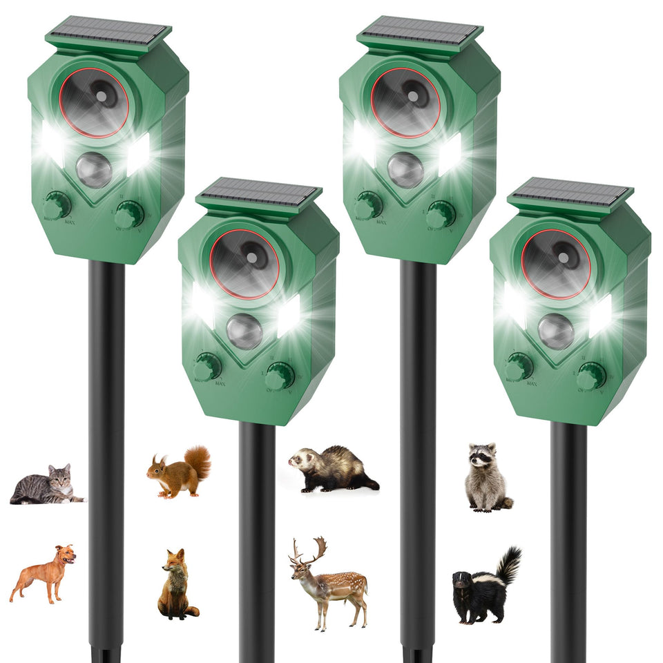 TFKK 4Pack solar ultrasonic repeller with panel in action deters wildlife outdoors