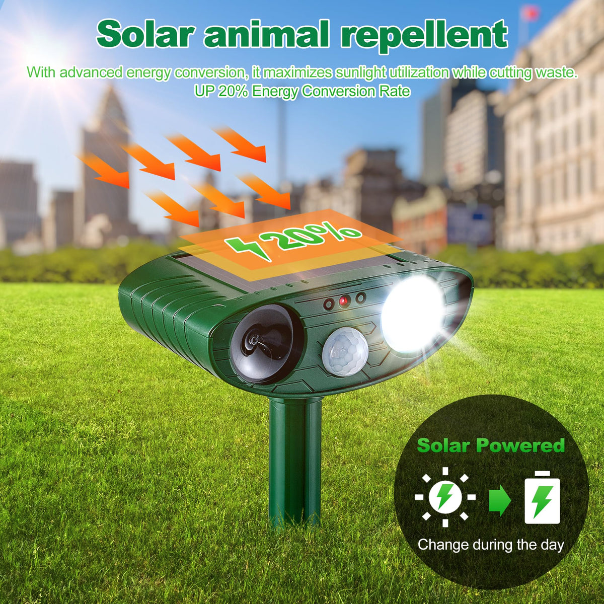TFKK solar animal repeller weatherproof IP65 case withstands rain and snow year-round