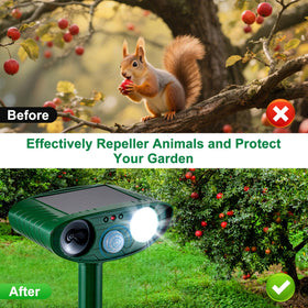 TFKK solar animal repeller emits ultrasonic sounds and LED strobe lights outdoors for safe deterrence