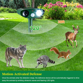 TFKK solar animal repeller with wide-coverage 120° PIR range guarding gardens from intruders