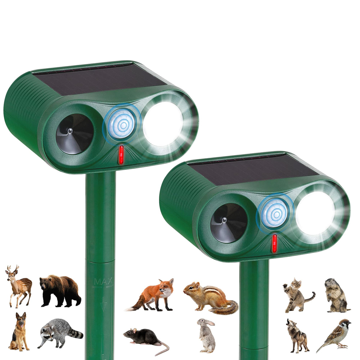 TFKK solar ultrasonic animal repeller with strobe light deters wildlife in gardens.