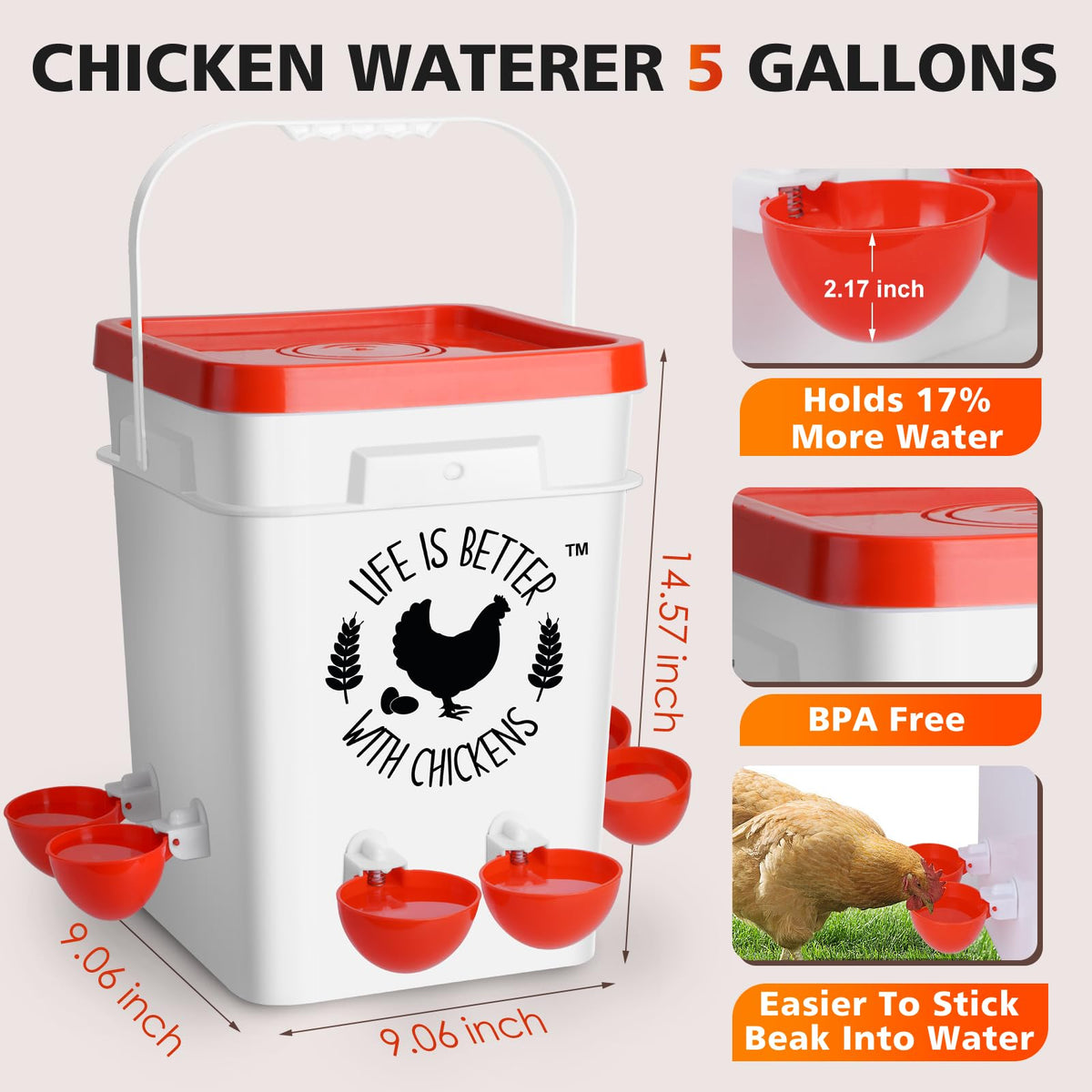 Tgeyd 5-gallon waterer with six cups for multiple birds