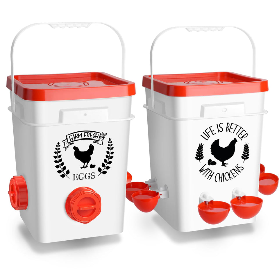 Tgeyd chicken feeder and waterer set ready for hanging in coop