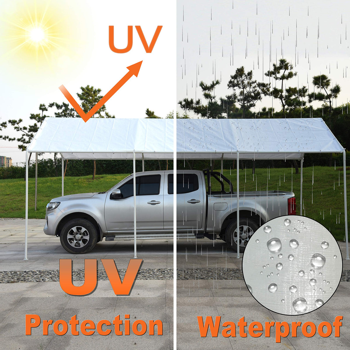 Thanaddo carport cover 10x20 white side view highlights rugged fabric durability