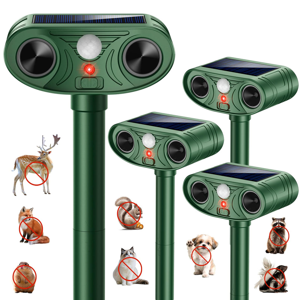 Thcritter solar-panel setup powering the ultrasonic deterrent for yard protection.
