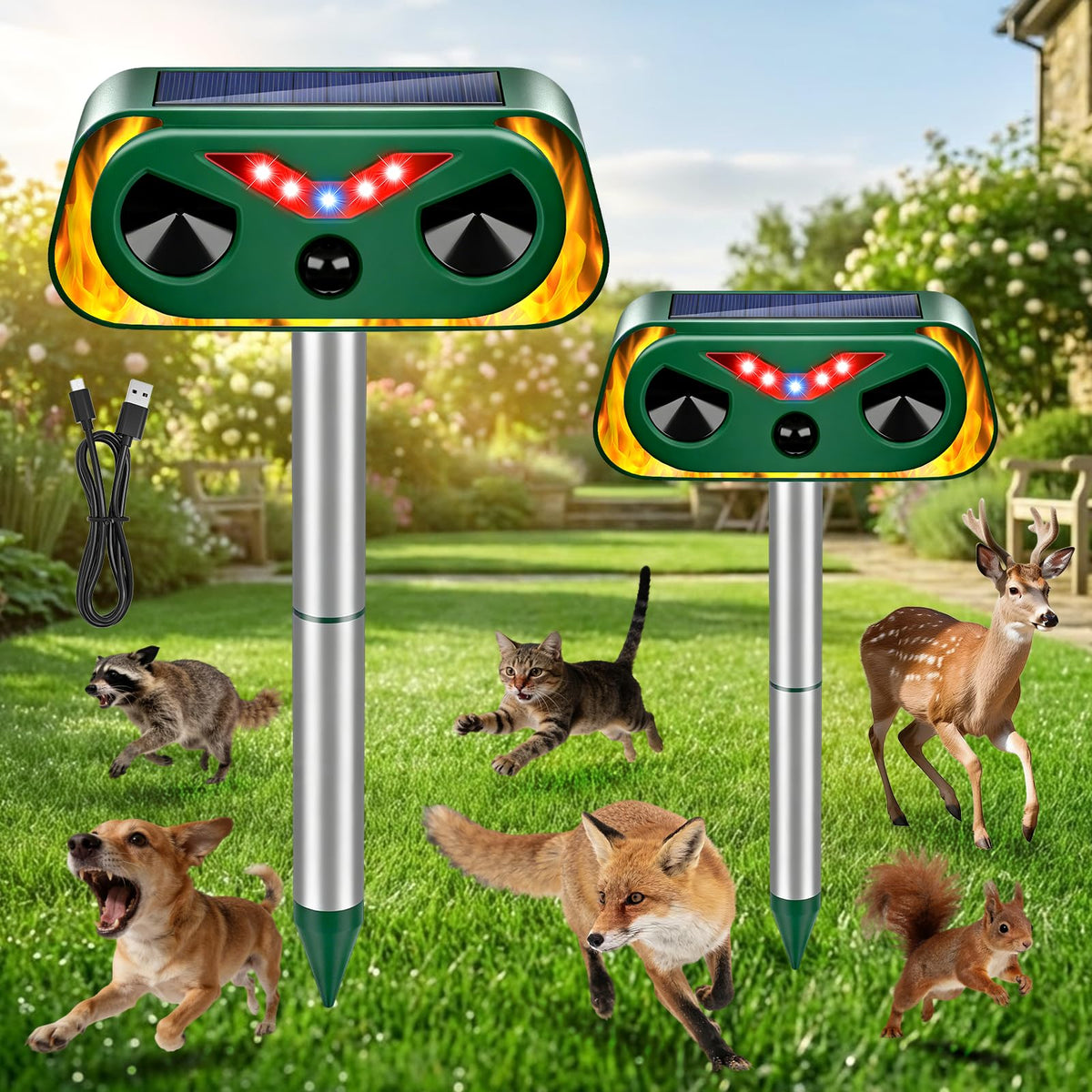 Thcritter solar ultrasonic repellent front view protects the yard from unwanted animals