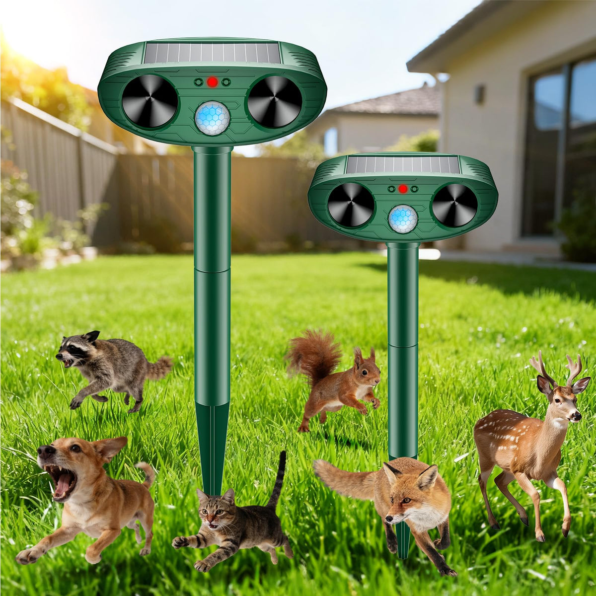 Thcritter solar ultrasonic repellent front view protects yard from deer
