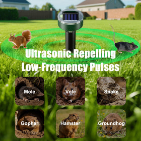 Thcritter ultrasonic pulses quietly deter rodents and burrowers.