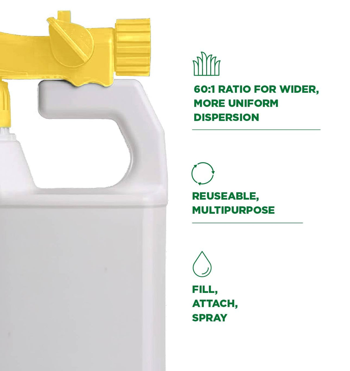 The Andersons 60:1 spray head provides wider, uniform dispersion for large yards.
