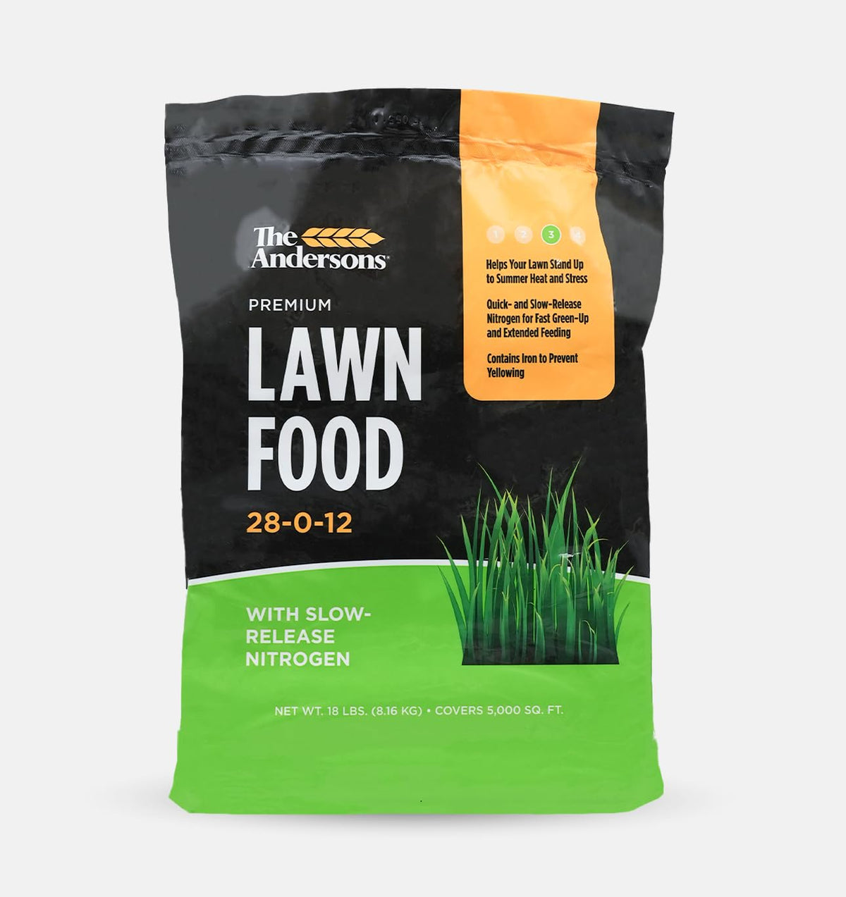 The Andersons Premium Lawn Food front label, showing benefits at a glance.