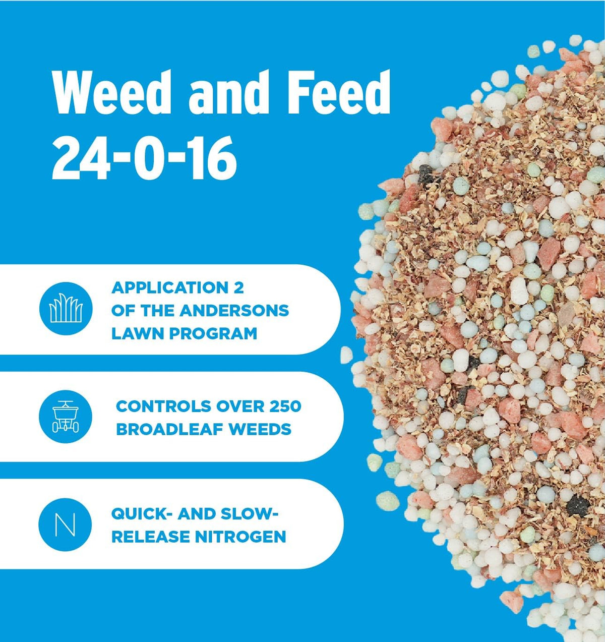 The Andersons Premium Weed and Feed 24-0-16 dandelions treated for broader weed control.