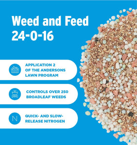 The Andersons Premium Weed and Feed 24-0-16 dandelions treated for broader weed control.
