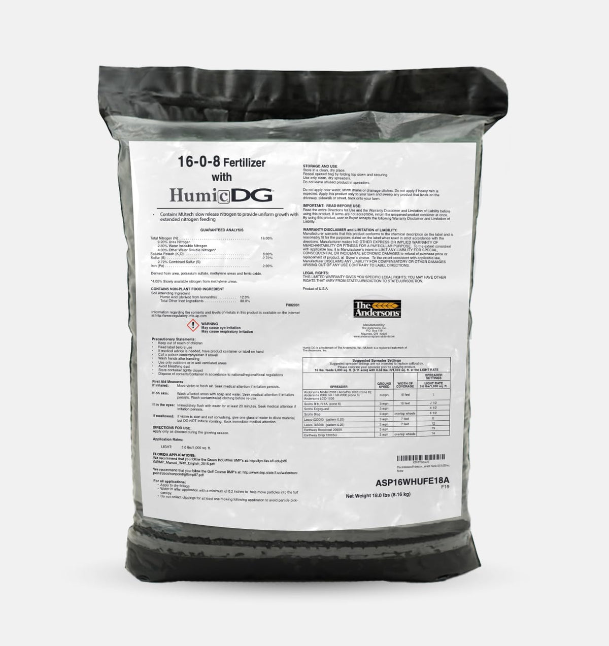 The Andersons PGF 16-0-8 fertilizer bag ready for uniform spread.