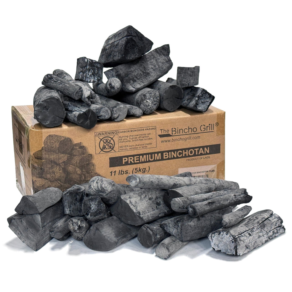 The Bincho Grill packaging shows premium binchotan charcoal for high-heat grilling