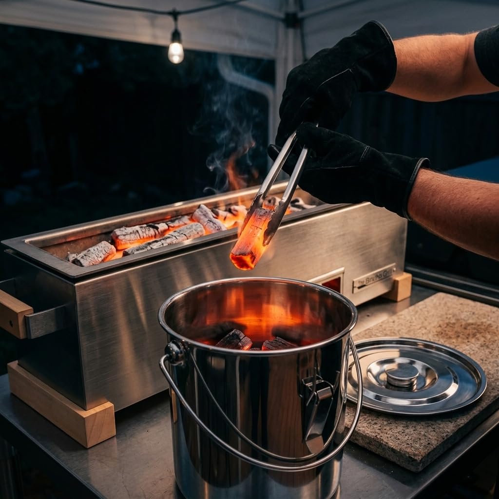 The Bincho Grill Charcoal Saver bottom grate protects the surface and cools hot coals.