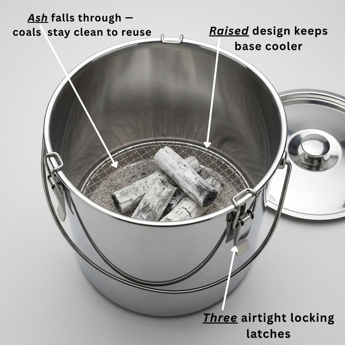 The Bincho Grill Charcoal Saver locking lid keeps ashes contained and minimizes spills during transport.