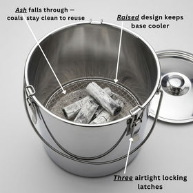 The Bincho Grill Charcoal Saver locking lid keeps ashes contained and minimizes spills during transport.