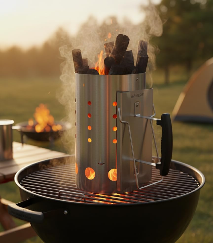 Chimney starter in use with binchotan charcoal for efficient lighting
