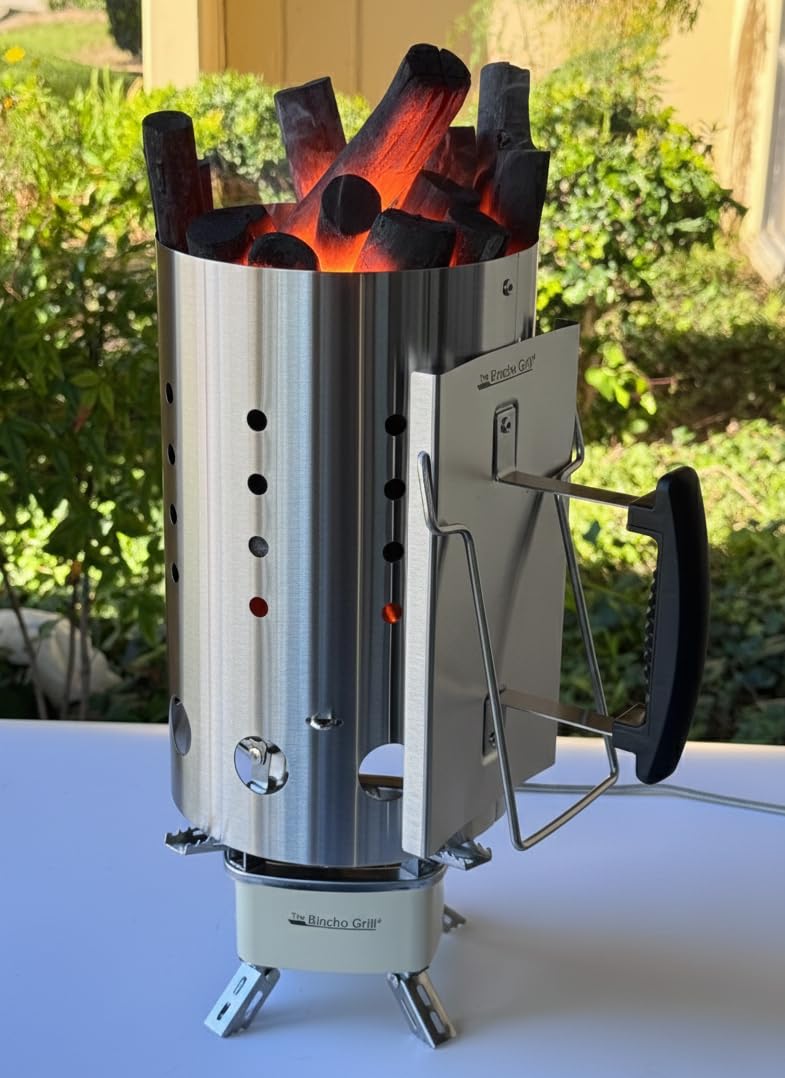 Heat shield handle on The Bincho Grill chimney starter reduces radiant heat
