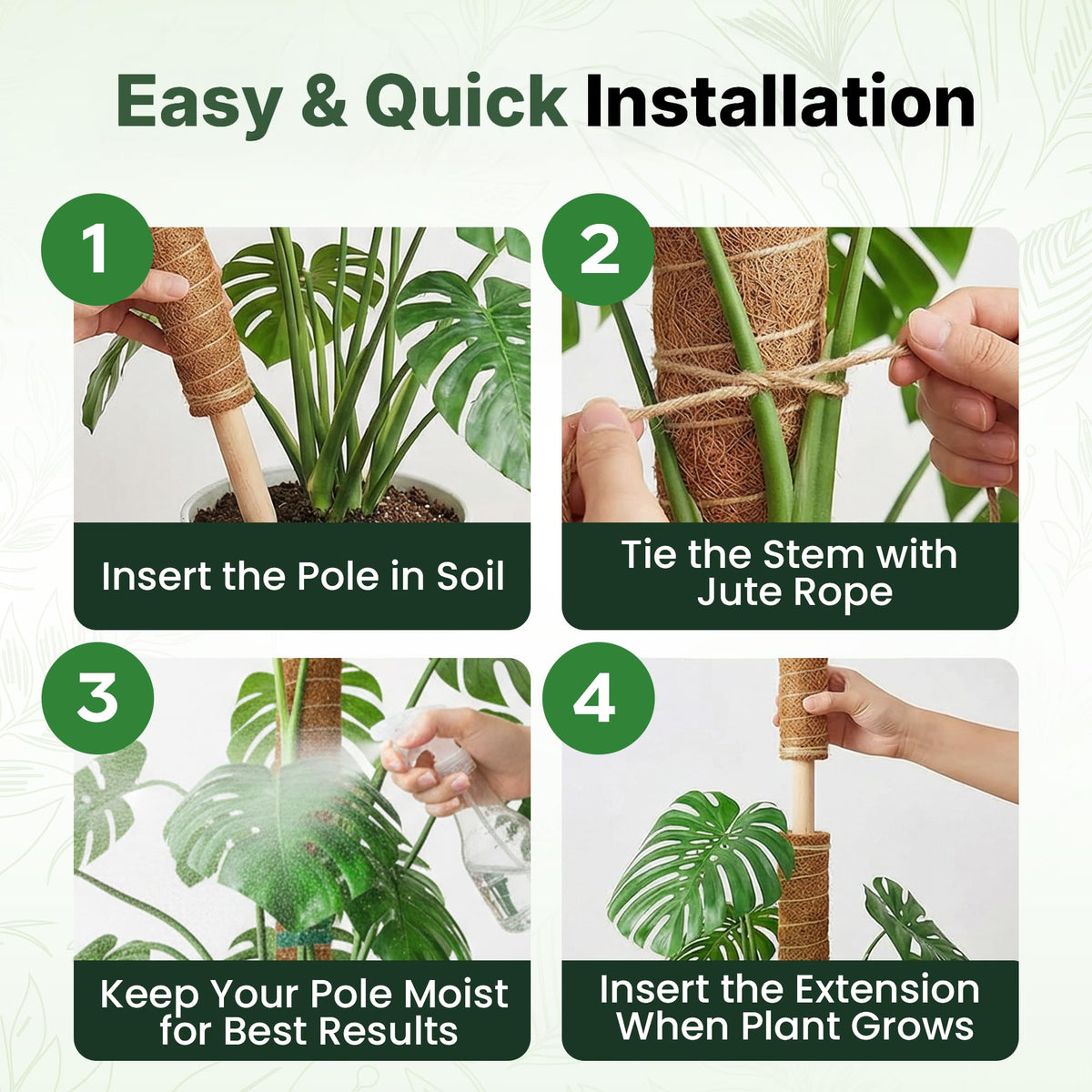 The Blooming Jungle PVC-core moss pole provides sturdy soil anchoring for stability.