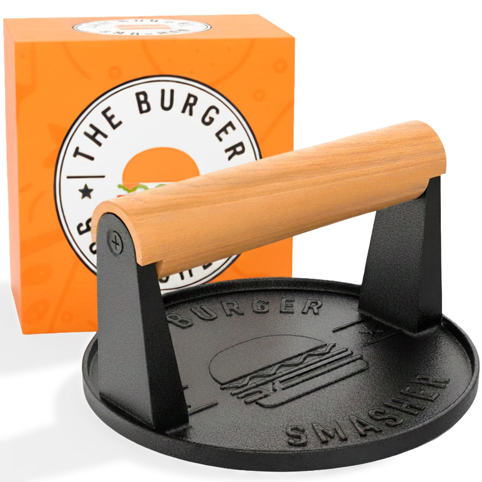 The Burger Smasher cast iron burger press for even, consistent smash burgers.