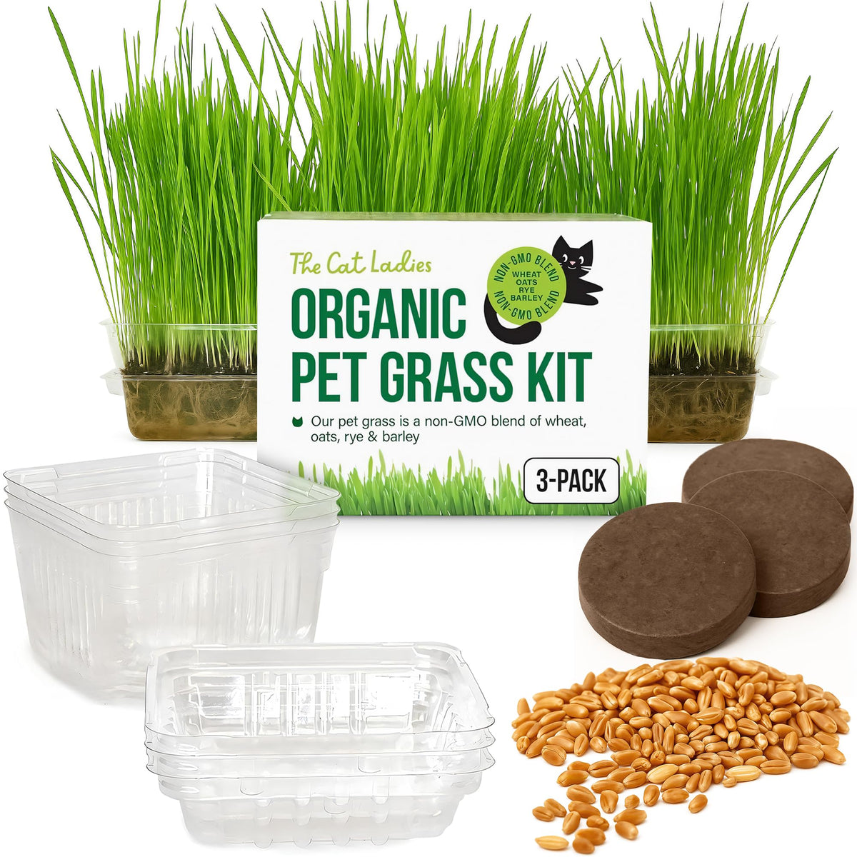 The Cat Ladies cat grass growing kit cover image showing an easy-start indoor greens setup
