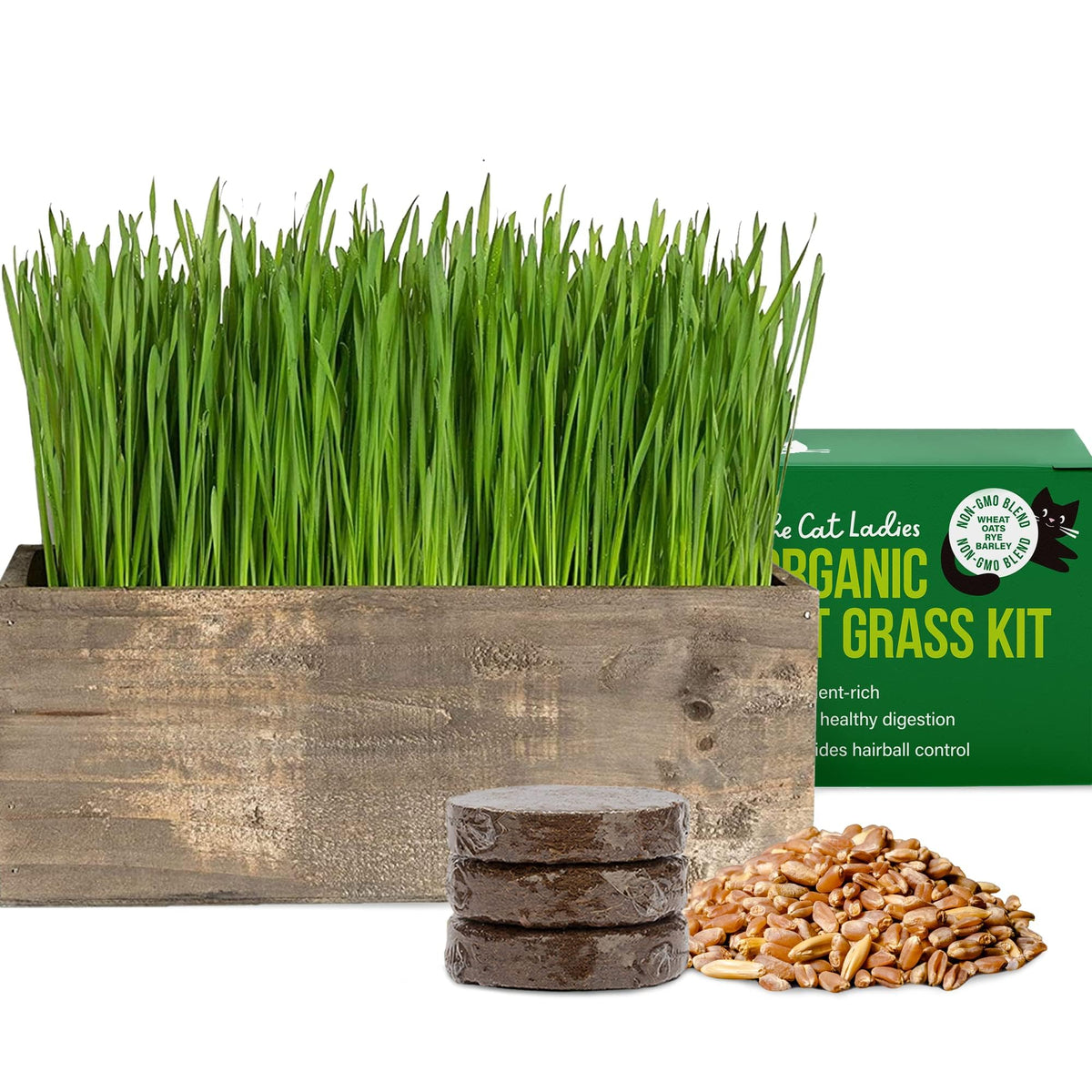The Cat Ladies cat grass kit with rustic planter supports hairball prevention for cats.
