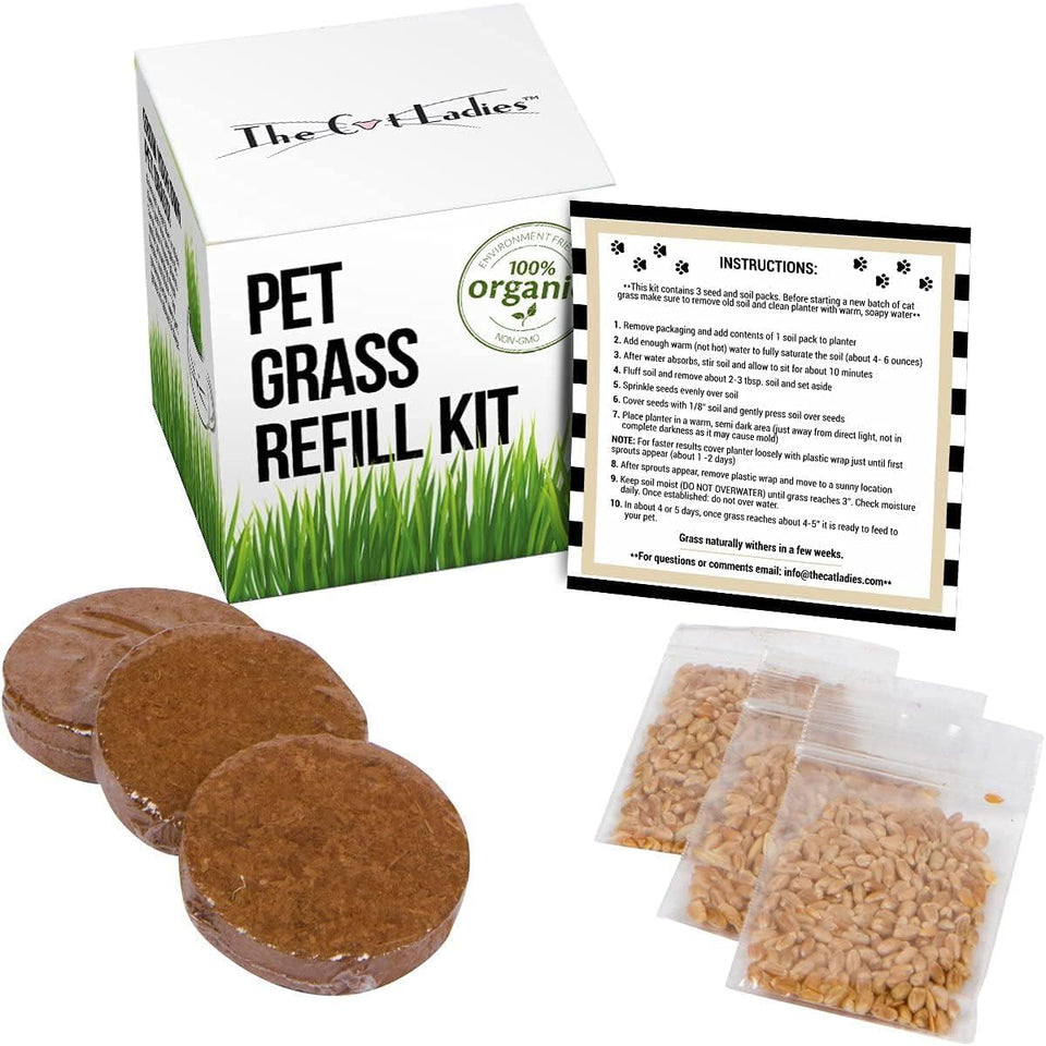 The Cat Ladies cat grass refill kit with organic seeds and disks.