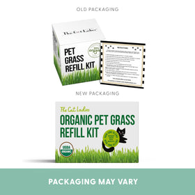 The Cat Ladies 3-pack cat grass refill kit shown ready for a simple home setup.