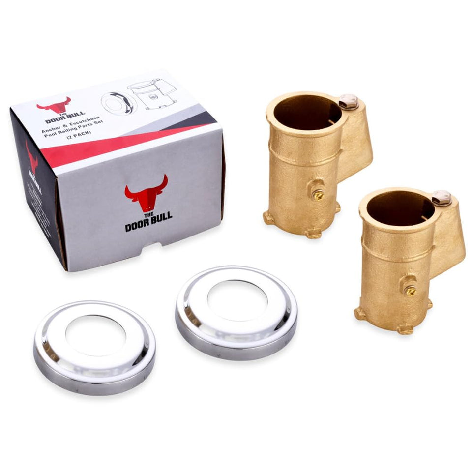 The Door Bull brass pool rail anchor shows durable, corrosion-resistant construction.