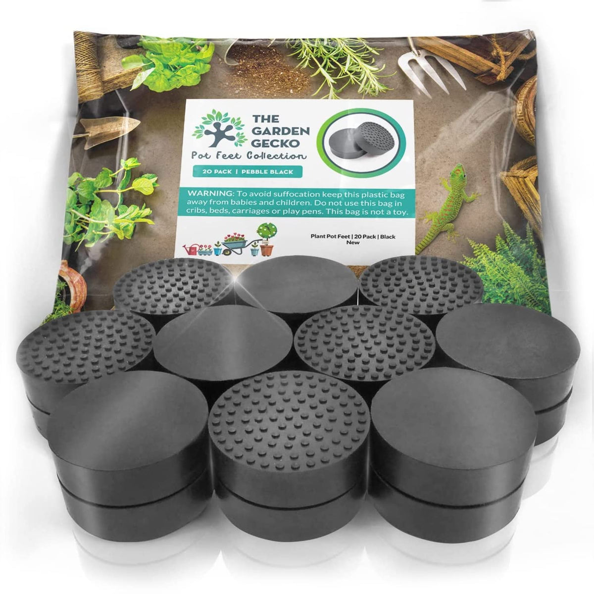 The Garden Gecko invisible pot feet elevate outdoor pots for cleaner patios.