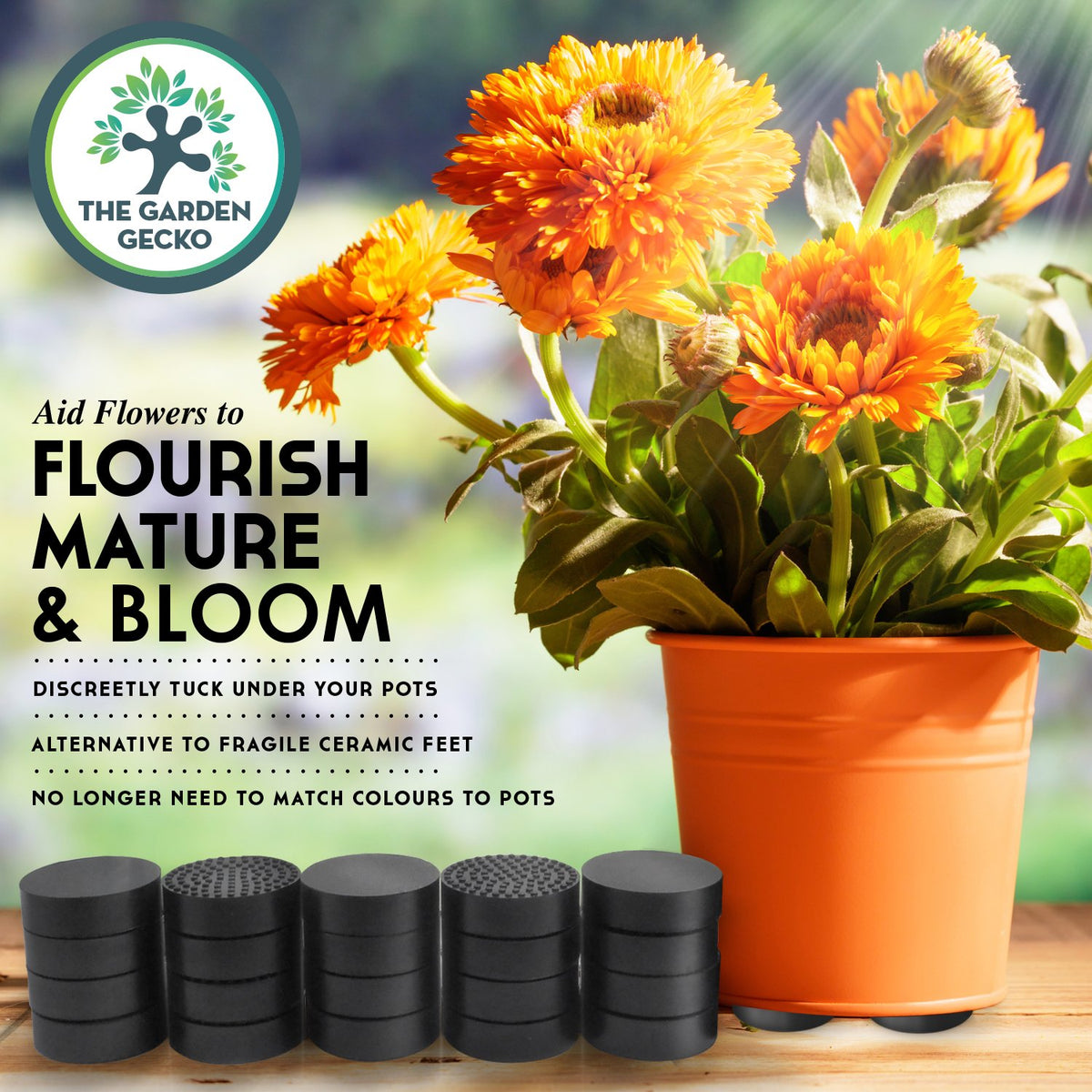 The Garden Gecko discreet rubber feet blend under pots for an unobtrusive garden setup.