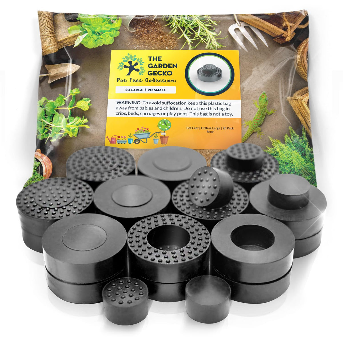 The Garden Gecko invisible pot feet elevate pots for stable patio placement.