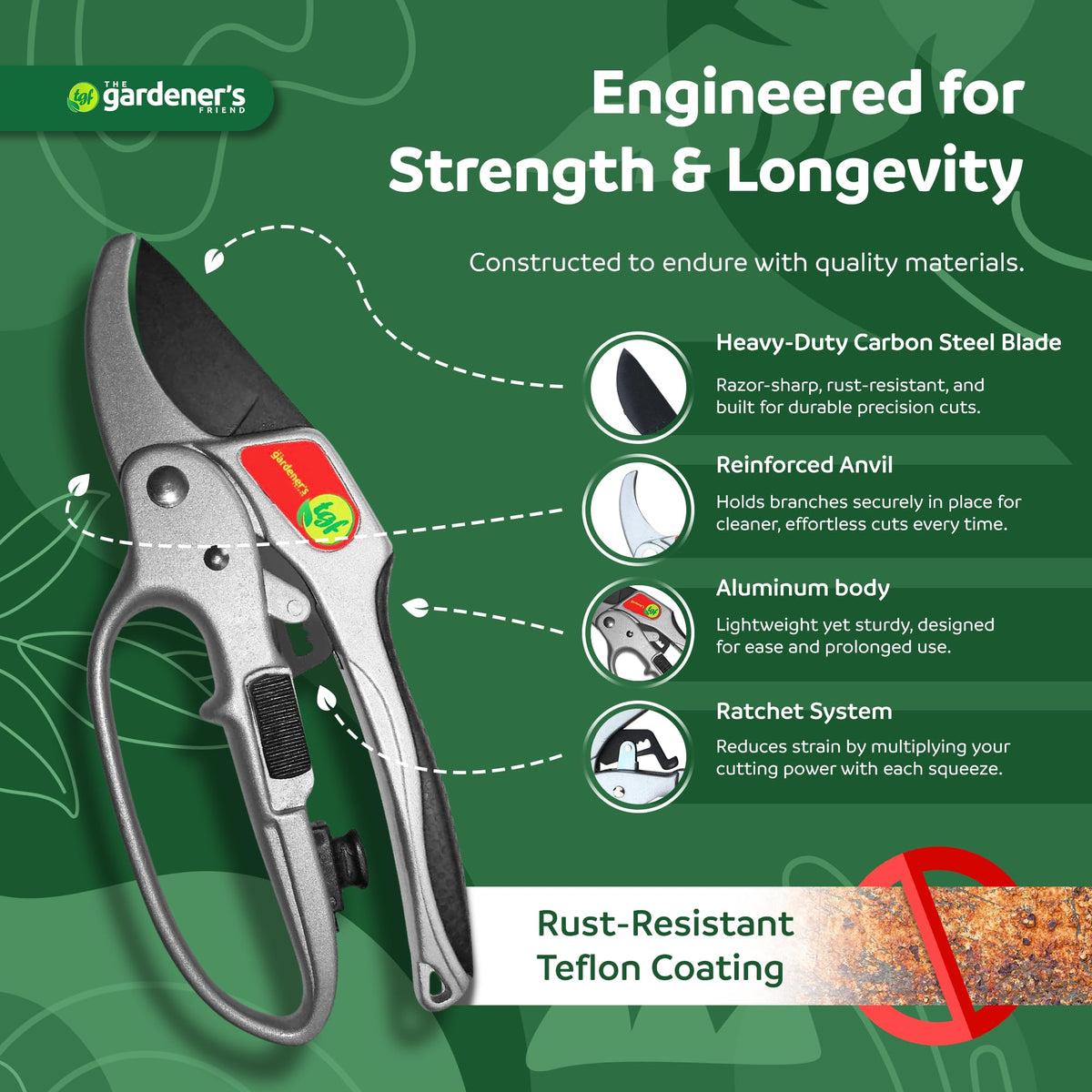 The Gardener's Friend anvil pruner close-up blade showing nonstick durability.