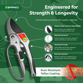 The Gardener's Friend anvil pruner close-up blade showing nonstick durability.