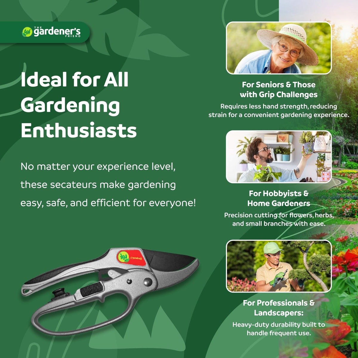 The Gardener's Friend heavy-duty manganese steel blade for thick stems.