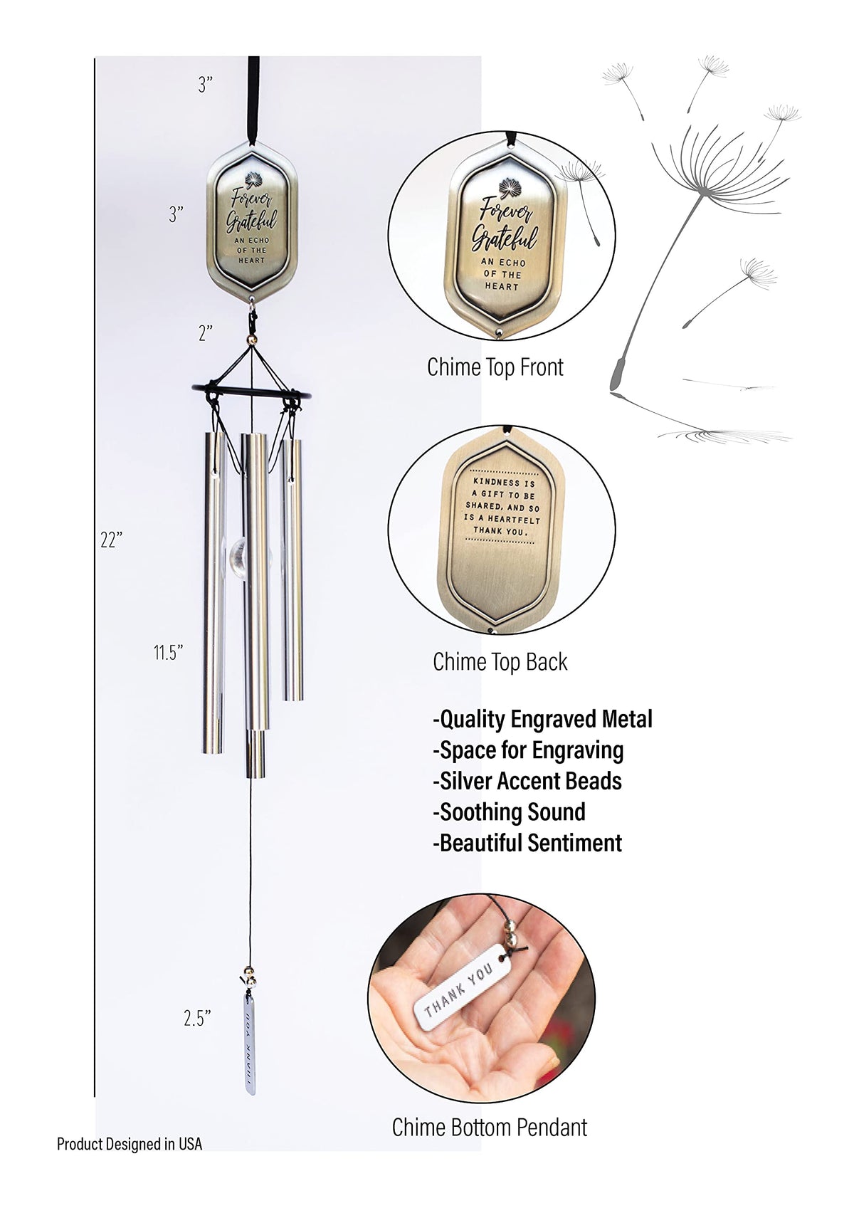 The Grandparent Gift Co Forever Grateful wind chime measures 22 inches for lasting decoration.
