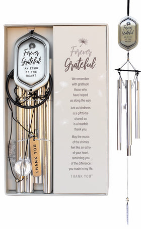 The Grandparent Gift Co Forever Grateful wind chime top engraving expresses heartfelt gratitude.