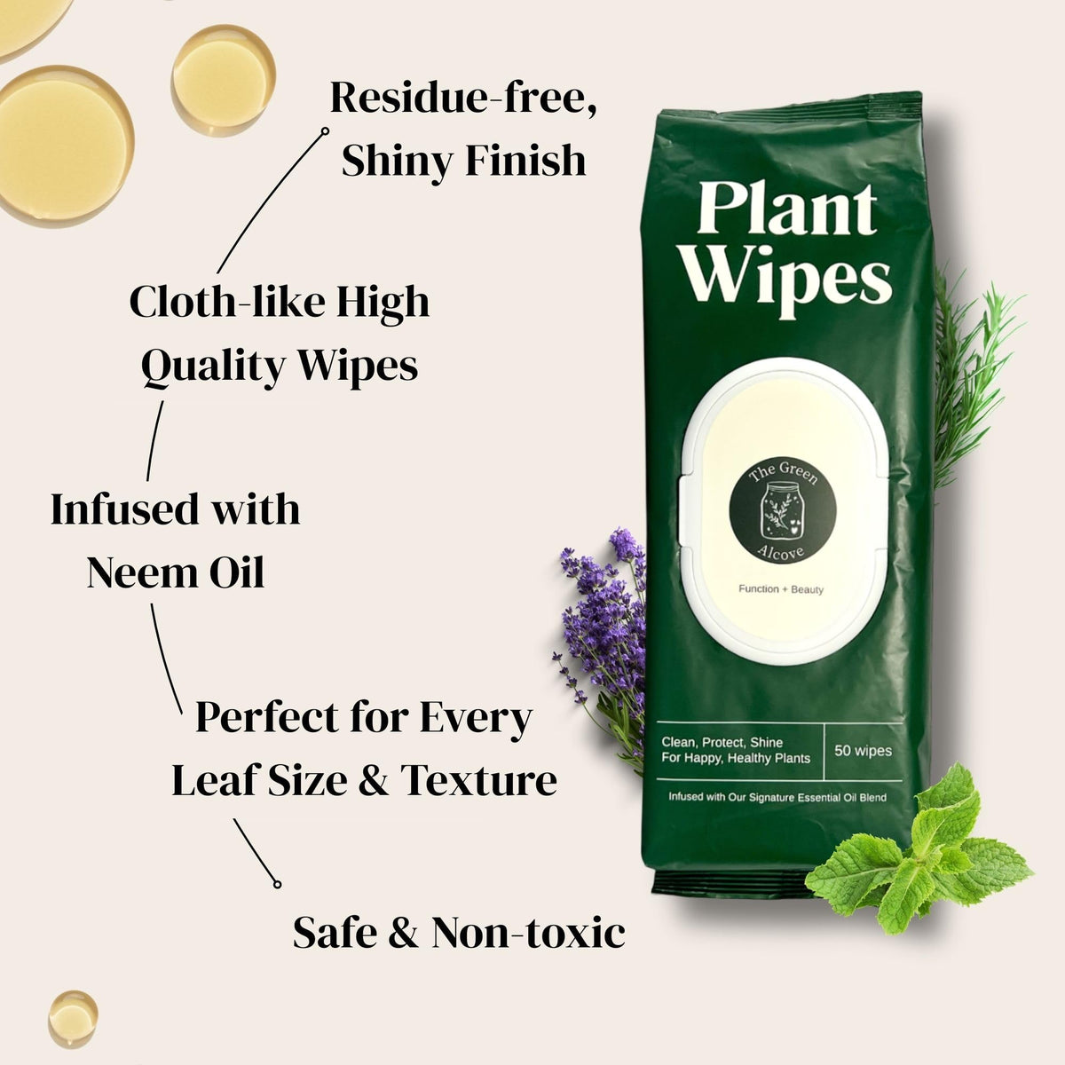 The Green Alcove ready-to-use wipes require no sprays or extra cloths for quick plant care.