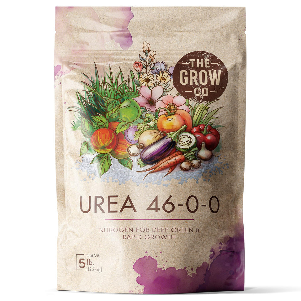 The Grow Co 5lb urea fertilizer granules boost nitrogen for rapid growth.