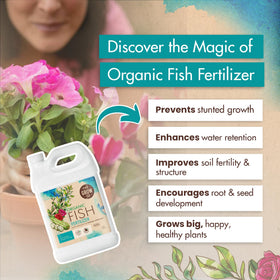 The Grow Co fish emulsion bottle cap closeup highlights hydrolyzed nutrients for steady growth.