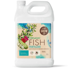The Grow Co fish emulsion bottle front promotes natural plant nourishment for greener foliage.