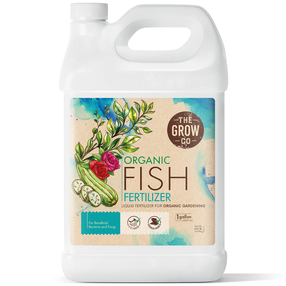 The Grow Co fish emulsion bottle front promotes natural plant nourishment for greener foliage.