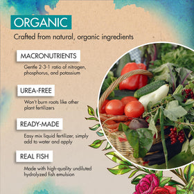 The Grow Co fish emulsion on plant leaves illustrates foliar nutrition for vibrant growth.