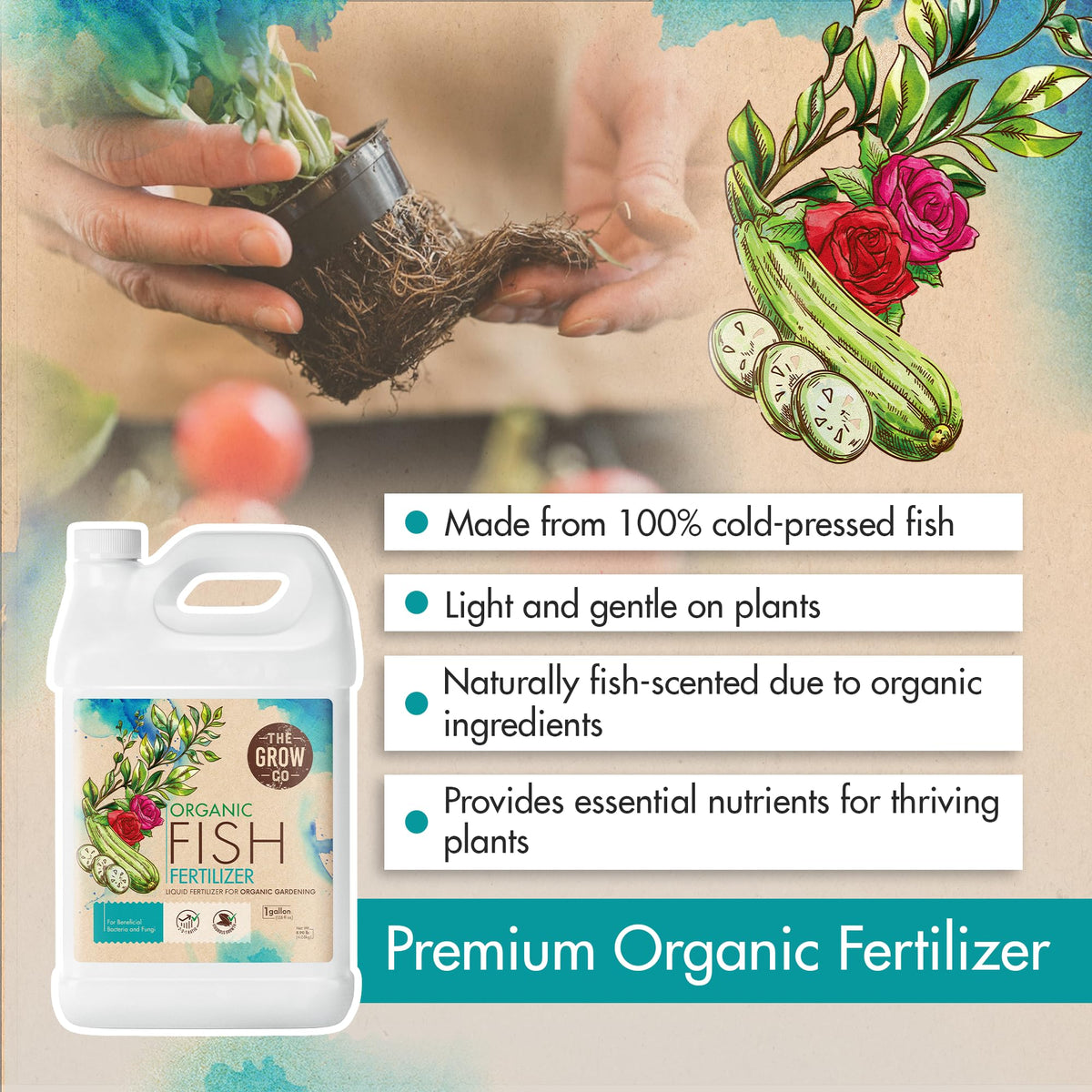 The Grow Co fish emulsion soil drench demonstrates soil fertility and microbial support.