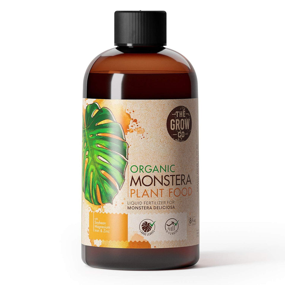 The Grow Co Monstera Food bottle shows safe, easy-to-use organic fertilizer for lush growth.
